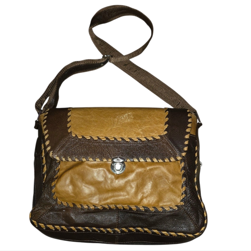 Vintage Boho Whipstitch Two-Tone Leather Crossbody Messenger Bag NWOT
